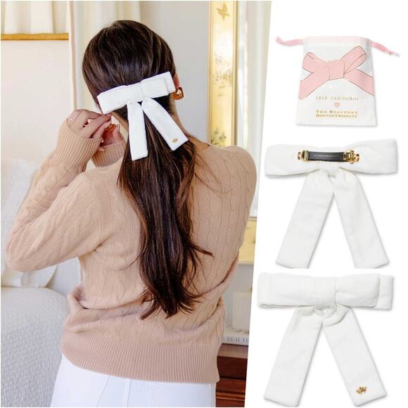RARE Lele Sadoughi x Beaufort Bonnet White Luxe Velvet Bow Barrette Gold Logo - Picture 1 of 10